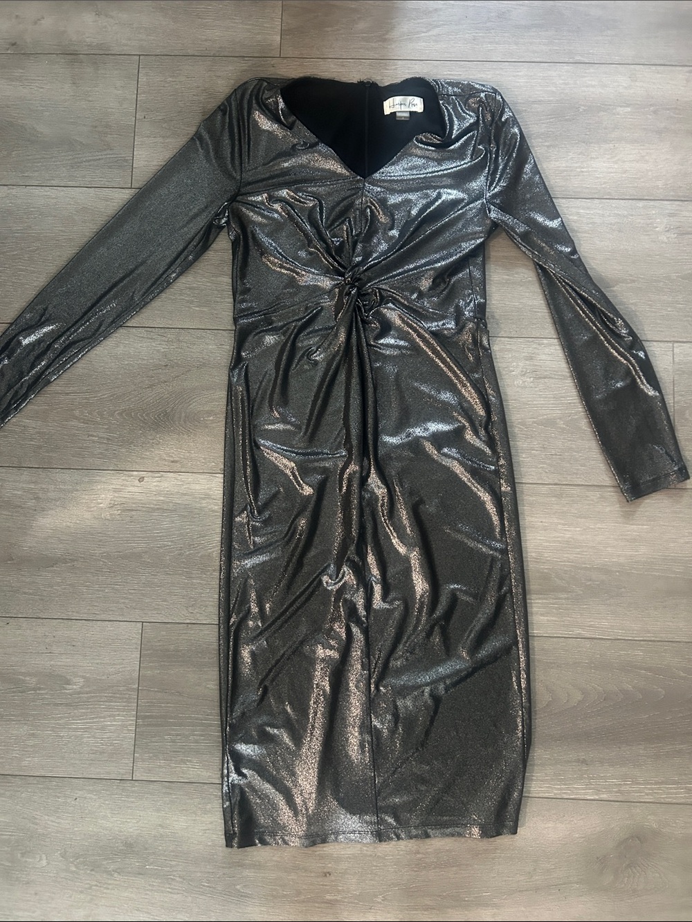 Shimmer Twist-Front Long Sleeve Black Dress